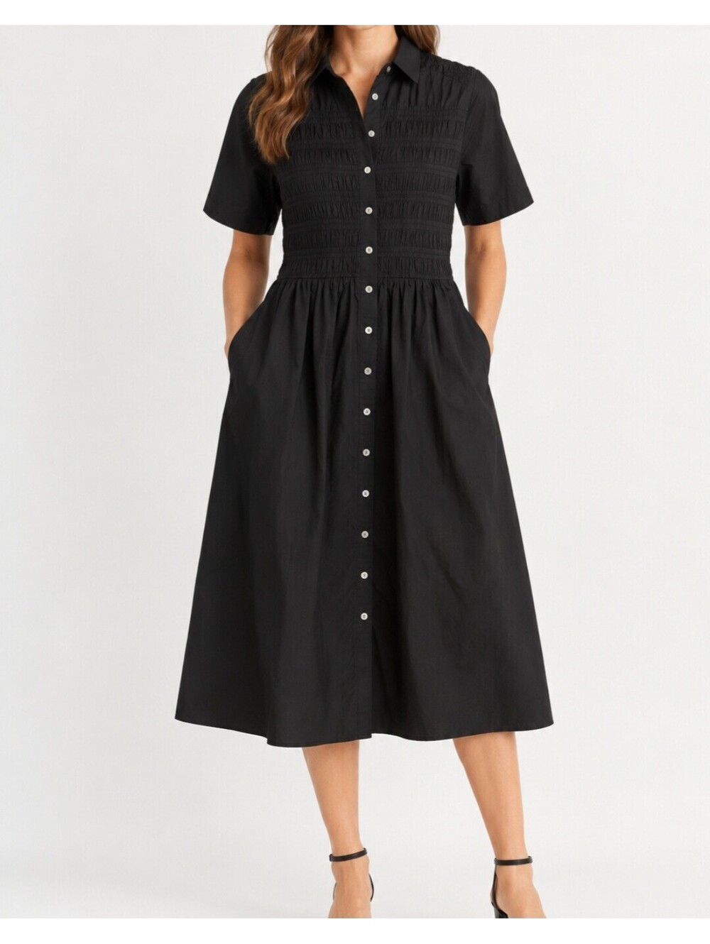 J.Crew Elsie Shirt Dress XS Black Cotton Poplin Smocked Midi NWT $168